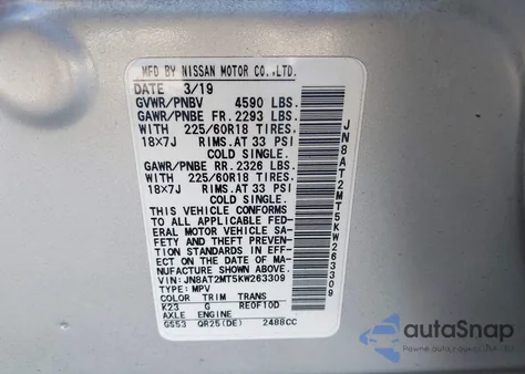 2019 Nissan Rogue Sv z USA, uszkodzony, nr VIN JN8AT2MT5KW263309